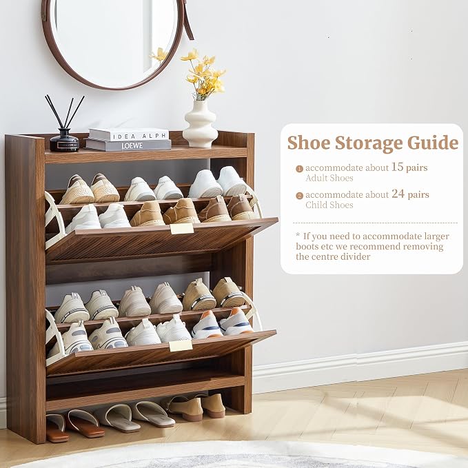 Fluted Shoe Storage Cabinet with 2 Flip Door for Entryway, Modern Freestanding Narrow Wood Shoe Rack Cabinet for Foyer, Front Door, Hallway