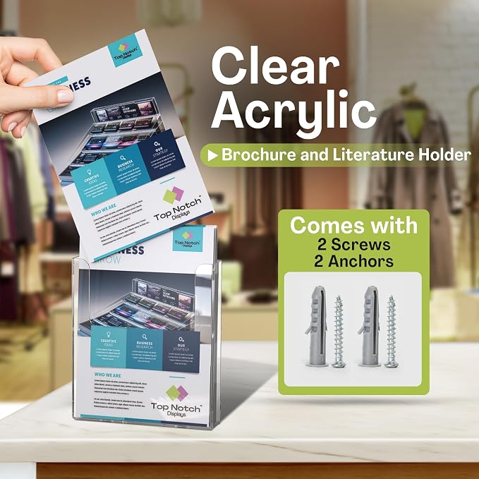 Acrylic Brochure Holder for Wall Mounting, Clear Display for 8.5" x 11" Flyers, Literature Holder for Magazines, Pamphlets, Menus, Includes Screws & Plastic Anchors – Pack of 2