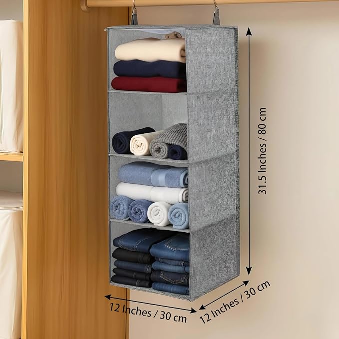 Hanging Closet Organizer with Hook, Collapsible 4-Shelf Closet Organizers, Hanging Shelves for Clothes Shoes Towels Sweater 32 * 12 * 12 Inches