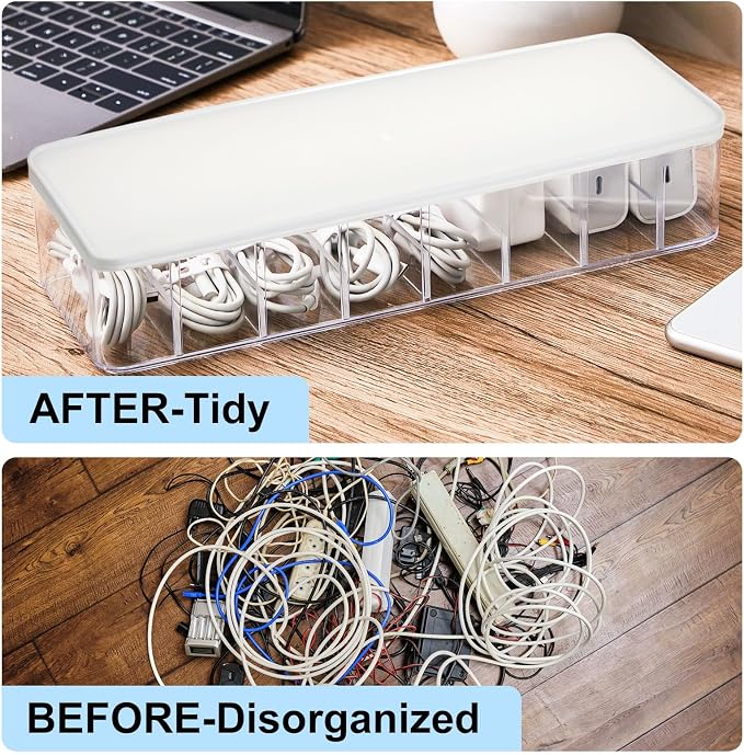 Tatuo 1 Pcs Cord Organizer for Drawer Desktop, Cable Organizer Box with 8 Compartments and Wire Ties, Plastic Charger Storage with Lid, Electronics Case for Home Office Accessories (Small,Clear,White)