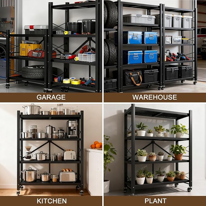 Folding Storage Shelves, Heavy Duty Garage Shelving Unit, Adjustable Metal Standing Storage Rack Shelf, No Assembly Wire Shelving Organizer with Wheels for Kitchen Pantry Warehouse (3-Tier, 2 Pack)