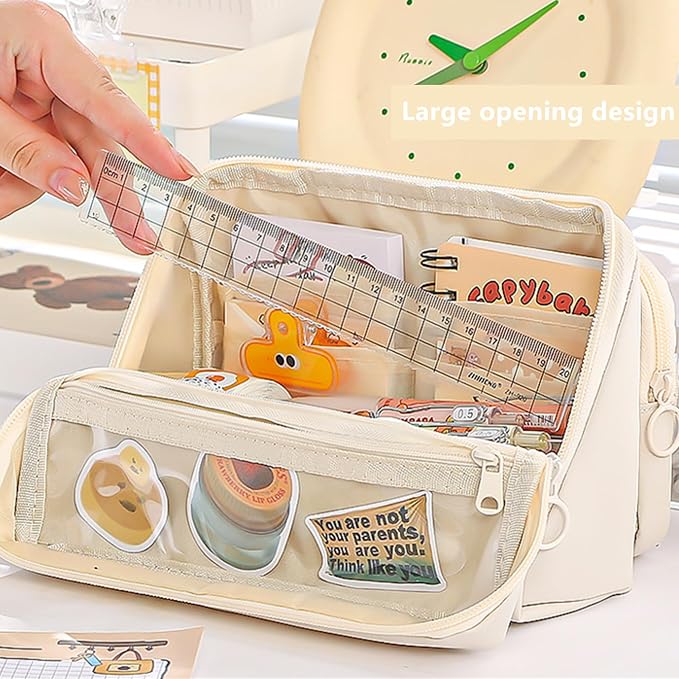 Large Pencil Pouch Big Pencil Case Big Capacity Aesthetic Pen Cosmetic Bag Pen Stationery Organizer Simple, College Office Home Travel Storage Bag (Beige)