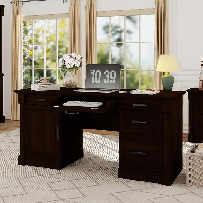 blini Large Farmhouse Executive Desk with Drawers，Wood Computer Desk，Embossed Texture Home Office Desk with File Cabinet Storage, Cable Management, Keyboard Tray，Working Table for Work Study Writing
