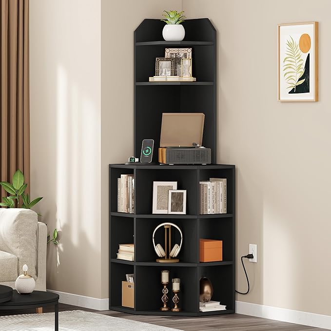 YITAHOME Corner Shelf with USB Ports & Outlets, Industrial Corner Storage Cabinet Rack Charging Station, Wooden Display Bookshelf Bookcase for Living Room, Bedroom, Dining Room, Kitchen, Black