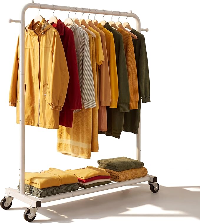 Sywhitta Clothing Rack on Wheels with Mesh Storage Shelf & Sturdy Metal Frame, Rolling Garment Rack for Hanging Clothes, Coats, Skirts, 39.76" L x 16" W x 64.56" H,White