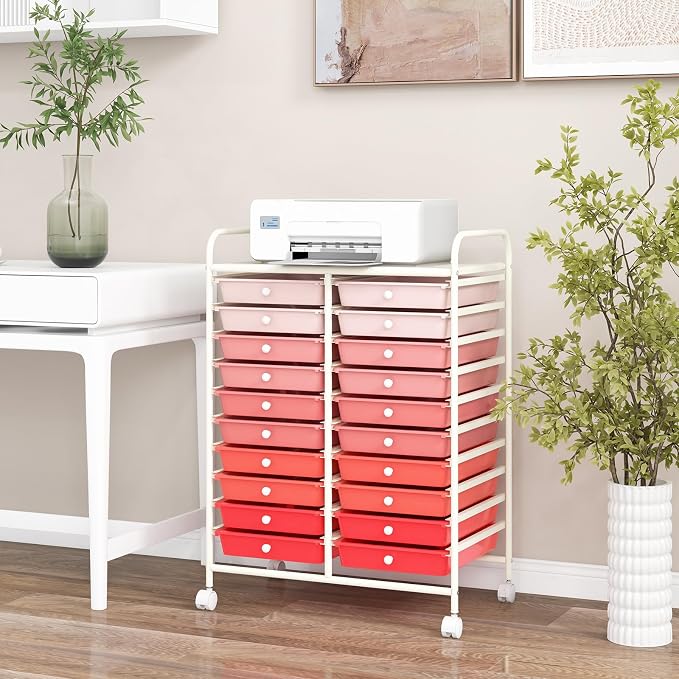 LDAILY 20-Drawer Rolling Storage Cart, Rolling Storage Cart, Storage Organizer on Wheels, Metal Frame, Scrapbook Paper Tools, Suitable for Office School, Classroom (Gradient Pink, 20 Drawer)