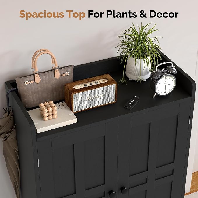Farmhouse Shoe Cabinet with Doors, 6-Tier Wooden Shoe Organizer with Adjustable Shelves, Entryway Storage Cabinet, Rustic Shoe Storage for Entryway or Living Room (Black)