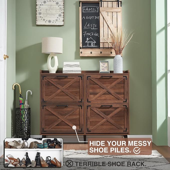Barnyatoh Shoe Storage Cabinet,Farmhouse Shoe Organizer with 4 Flip Drawers & Barn Door Design,Hidden Slim Narrow Shoe Rack Cabinet for Entryway,Foyer,Hallway,Walnut