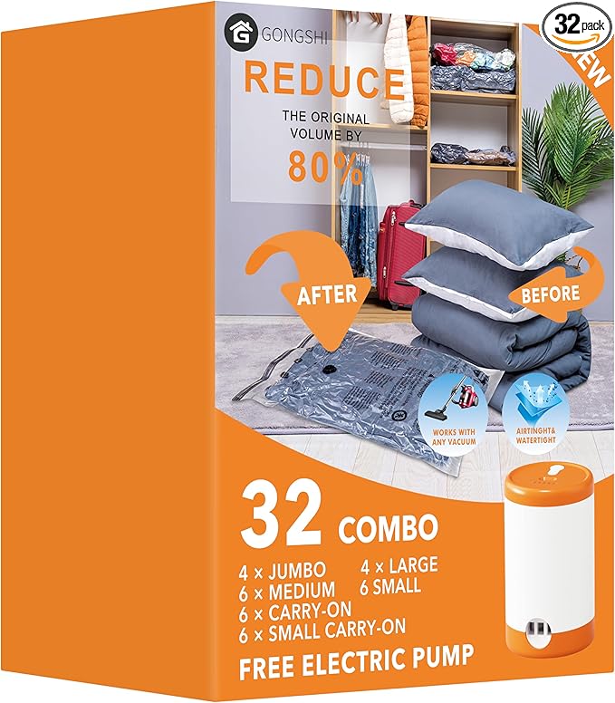 GONGSHI Vacuum Seal Bags for Clothing Travel & Home Storage, Travel Vacuum Bags with Pump,Space Saver for Blankets, Comforters, Pillows, Clothes,32 Combo with Electric Pump