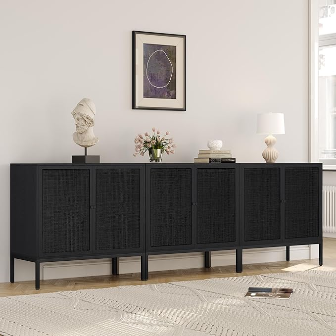 Yechen Black Rattan Buffet Cabinet with Storage, Sideboard Cabinet with Natural Rattan Decorated Doors, Accent Cane Credenza, Wooden Coffee Bar, for Living Room Entryway Kitchen, Metal Legs