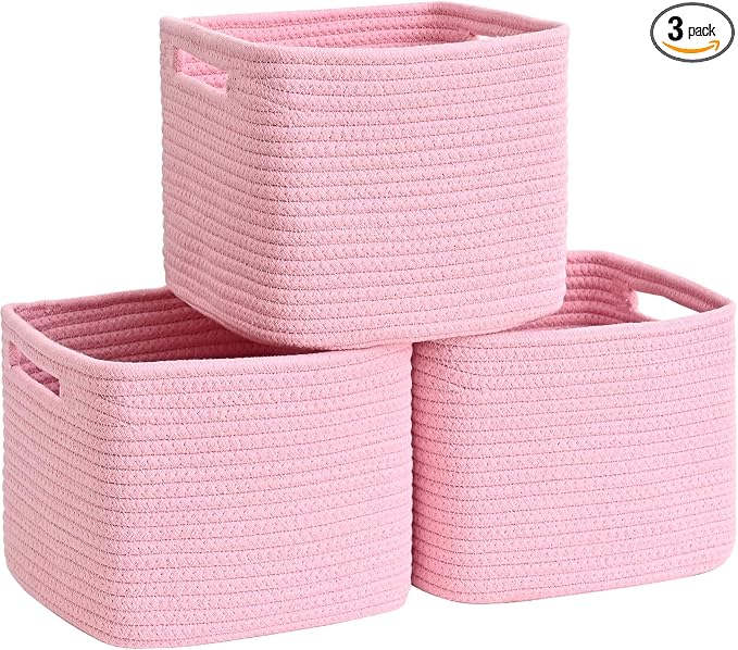 3 Pack Cube Storage Bin, 9”x9”x7” Cotton Rope Woven Baskets for Organizing Toys Clothes Towels, Square Gift Storage Baskets for Shelves, Nursery, Closet, Bathroom, Pantry (Pink)