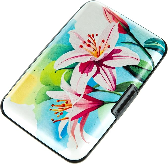 Credit Card Holder, Metal Card Wallet RFID Blocking Mini Slim Aluminum Business Hard Card Case for Women Men (Watercolor Lilies)