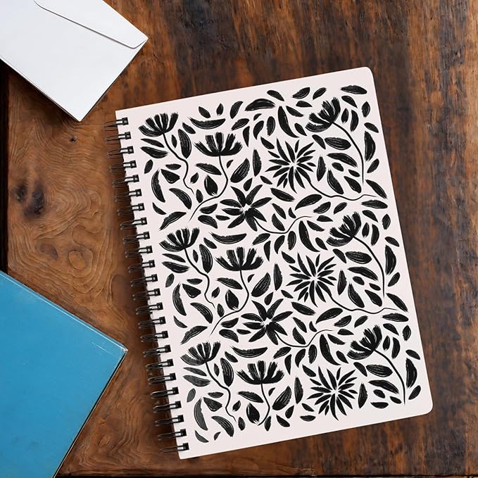 Steel Mill & Co Cute Mini Spiral Notebook, Small 8.25" x 6.25" Journal with Durable Hardcover and 160 Lined Pages for Journaling/Work/School, Hand Drawn Black Floral