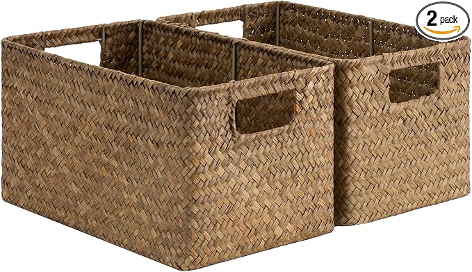 StorageWorks Large Wicker Baskets for Storage, Woven Baskets for Shelves | Seagrass, Pantry, Laundry, Bathroom, Kitchen Closet, Table, Decorative, Book, Towel, Magazine, Toy, Food, Rattan, Medium, Big
