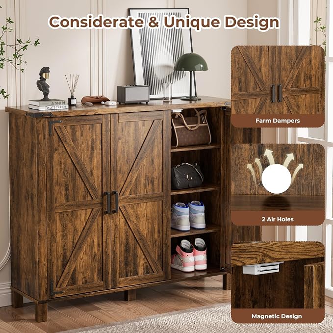 ALLSTAND 5-Tier Shoe Storage Cabinet, Farmhouse Shoe Rack Organizer Cabinet with 4 Adjustable Shelves & Side Cabinets, Freestanding Shoe Cabinet Storage with Anti-tip Fitting for Entryway, Brown