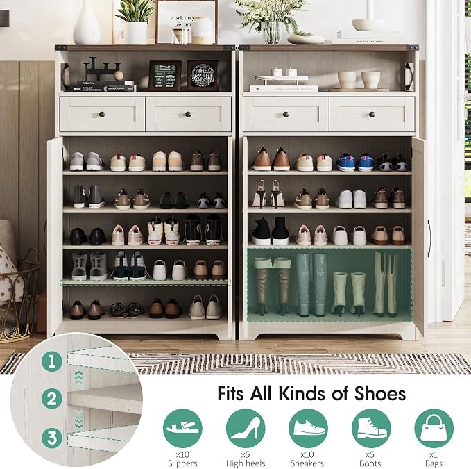 Maupvit Shoe Cabinet with Doors, 6-Tier Farmhouse Shoe Storage Cabinet with 2 Drawers & Adjustable Shelves, Shoe Cabinet Storage for Entryway, Wood Shoe Rack Organizer for Living Room Foyer Hallway