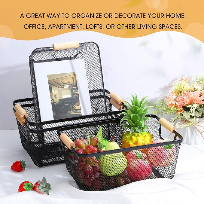 Ziliny 4 Pcs Metal Mesh Wire Baskets with Wooden Handles for Organizing, Pantry Organizers and Storage Steel Bin Kitchen Baskets for Fruit Potato Onion Snacks Bathroom Cabinet(Medium,Black)