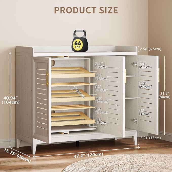 Vlsrka Shoe Storage Cabinet with Shutter Doors and Adjustable Shelves | 6 Tier Wooden Shoe Organizer, Large Capacity, Human Sensor Lighting, 180° Rotating, for Entryway, Hallway, Living Room, White