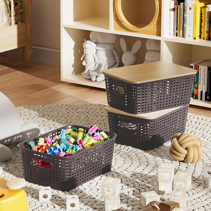 Viphope Stackable Storage Bins with Bamboo Lids set of 6,10x7.1x4.1in | small plastic organizer boxes,natural bamboo lids,saves space in pantry,office classroom storage,closet, desk, cabinet