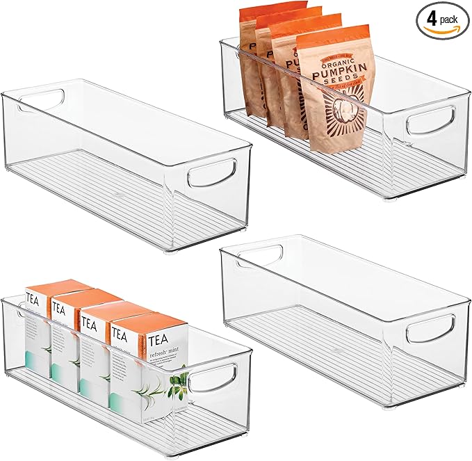 iDesign Plastic Stackable Pantry Bin with Handles, Set of 4, Clear | For Kitchen Cabinets or Fridge, Made in USA