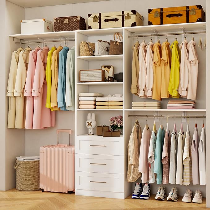 Closet System with Drawers, 5FT-8FT Closet Organizer System with 3 Side Top Shelves(Cuttable) & 3 Expandable Hanging Rods, Walk in Closet Storage Shelving System, Walk in Closet System, White