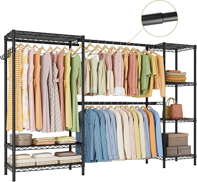 Golpart Heavy Duty Garment Rack Clothes Rack,Large Metal Closet Organizer System Storage Wardrobe,Freestanding Clothing Rack with 7 Adjustable Wire Shelves&3 Hang Rods,MaxLoad 1500lbs
