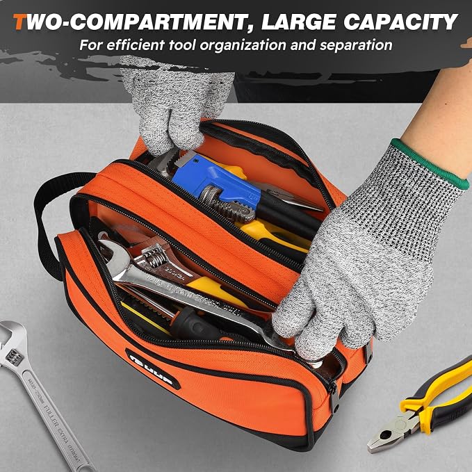10" Small Tool Bag, Divider Zipper Pouch Tool Box Organizer | Waterproof, Heavy-duty Oxford, Smooth Zipper, Handle, Storage Case for Car Work Tool. Electrician Gift,Orange