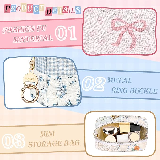 Quilted Mini Makeup Bag, Cute Small Cosmetic Bag for Purse, H-Pink | Floral Travel Makeup Pouch, Make Up Pouch for Women, Purse Organizer Pouches for Travel/ Gym/ Daily Use, Perfect Gifts