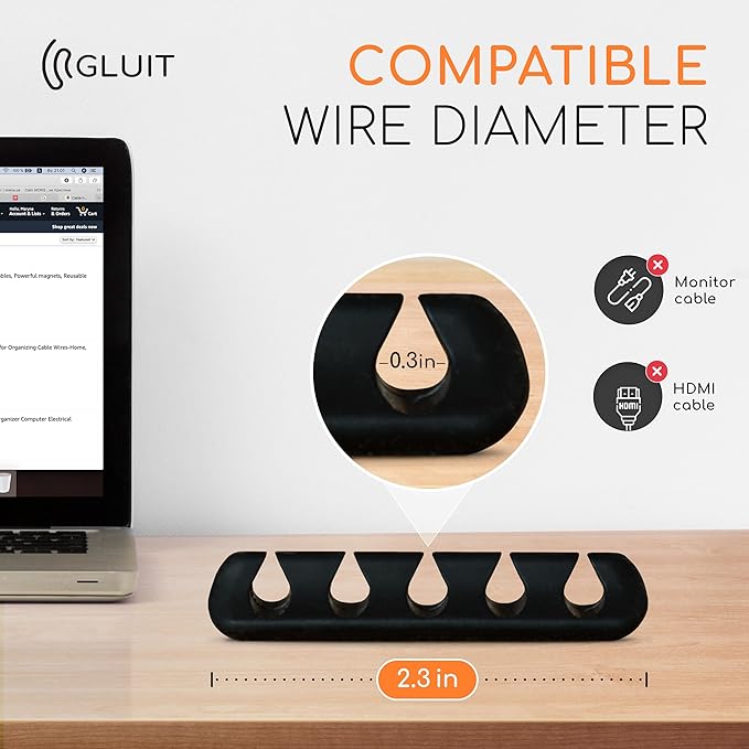 GLUIT Cord Organizer for Desk Cable Holder for Nightstand Charger Organizer Adhesive Desktop Versatile Wire Multislot Clips and Table Management Accessories Office Spaces New Black 5 Pack, 15 Slots