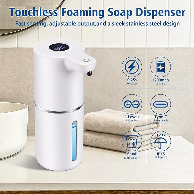 Automatic Foaming Soap Dispenser, Touchless, 350ml, White | Rechargeable Foam Soap Dispenser with Digital Display, 4 Adjustable Foam Levels, 11.8 oz Countertop or Wall Mounted