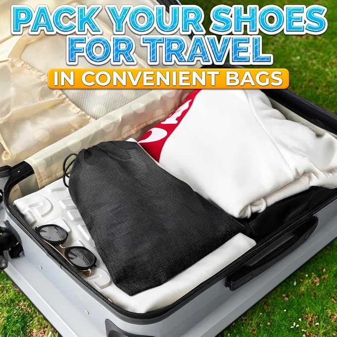 Shoe Bags for Travel, 10 Pack, 11.8"x15.75", Drawstring, Solid (Black) | Travel Shoe Backpack Set; Waterproof, Lightweight Fabric; for Luggage, Clothes, Gym, and Closet Organizing