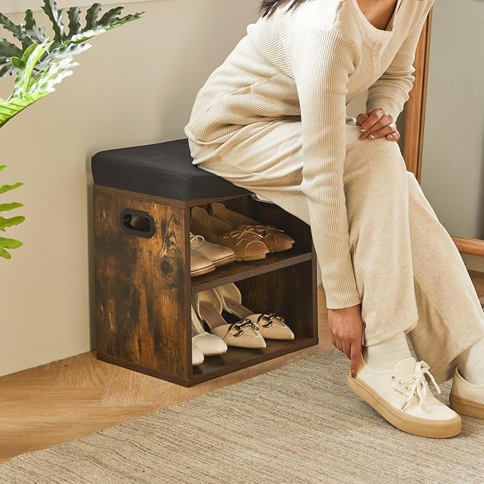 YMYNY Small Shoe Storage Bench with Cushion, Rustic Brown, HBD028H | 2 Tier Entryway Bench with Storage, Small Shoe Rack Bench with Adjustable Shelf for Entryway 11 x 15.3 x 16.5 Inches