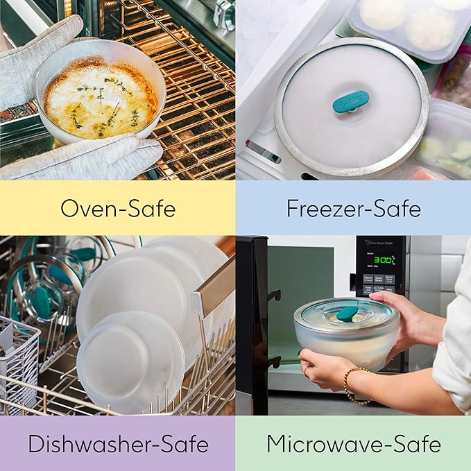 Anyday 4-Cup Microwave Cookware & Glass Container with Glass Lid, Plastic-Free Shallow Food Storage | Stackable Airtight Steamer with Vented Lid for Microwave-Safe Reheating, Steaming Vegetables