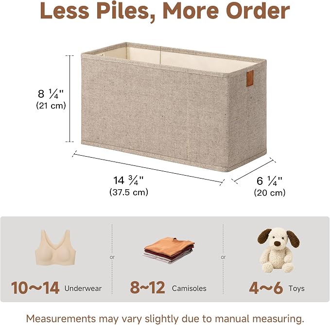 StorageWorks Narrow Storage Basket, Narrow Baskets for Shelves, Fabric Storage Bins with PU Handle, Perfect for Clothes, Underwear, Books, Socks, Brown and Beige, 4-Pack