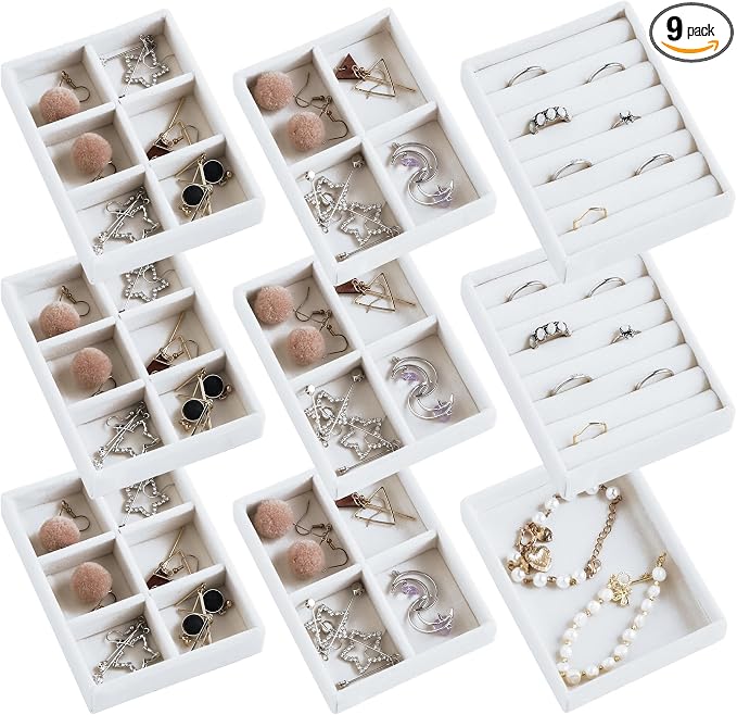 Frebeauty Small Jewelry Organizer for Drawer,Set of 9 Velvet Jewelry Trays | Jewelry Box Inserts,Drawer Inserts,Vanity Drawer Organizer,Mini Size,Stackable Earring Organizer,Adjustable Dividers