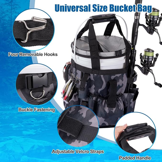 Fishing Bucket Organizer with Mesh Cover Fishing Tackle Bag | 600D Waterproof, Multi-Pockets, Adjustable Buckle, Fits 5 Gallon Bucket, Fishing Gear and Equipment