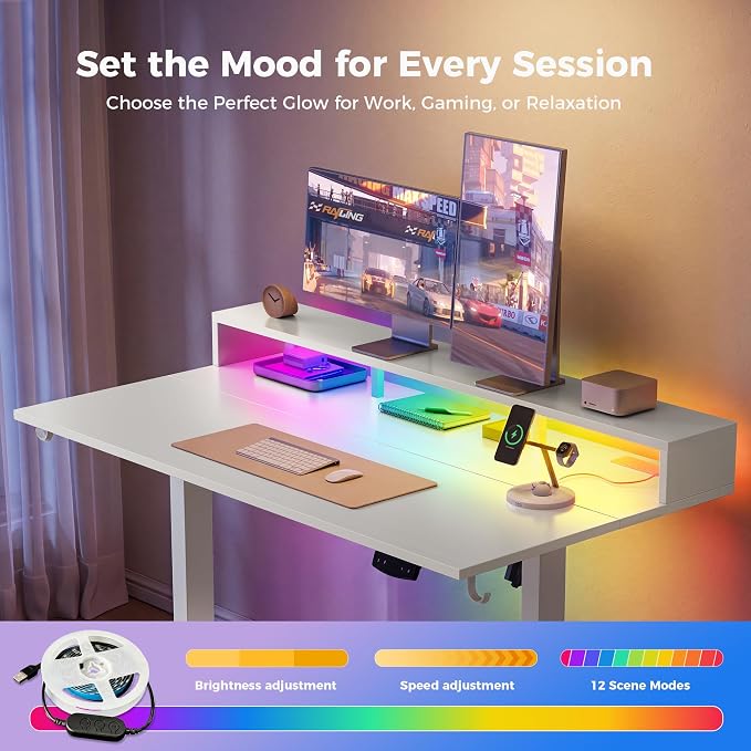 Klicelor Electric Standing Desk with Shelf, 63 Inch Height Adjustable Desk with Power Outlets & LED, Sit Stand Up Table with Monitor Stand, Computer Workstation for Home Office, White