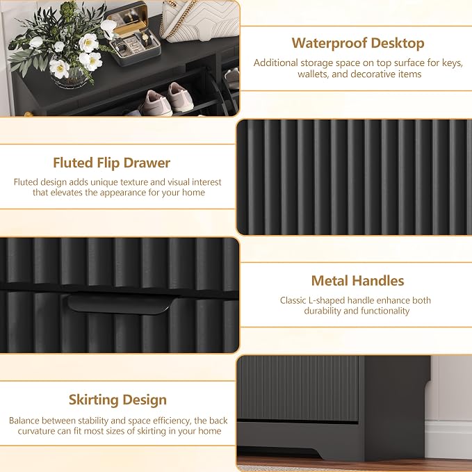 HUANLEGO Shoe Cabinet Storage for Entryway with 6 Flip Drawers, Black Fluted Shoe Cabinet with Adjustable Shelves, Wooden Hidden Shoe Rack Freestanding Narrow Slim Shoes Storage for Hallway, Entrance