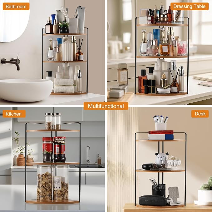 3 Tier Corner Bathroom Counter Organizer, Countertop Organizer, Makeup Organizer Countertop, Bathroom Storage Sink Shelf, Wooden and Metal Counter Shelf (Light Brown)