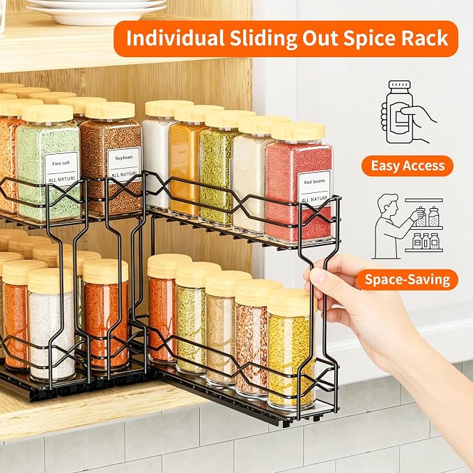 RCHYFEED Pull Out Spice Rack Organizer for Cabinet, Metal Heavy Duty Cabinet Spice Organizer, 2 Tier Slide Out Spice Racks, 7.3 W x10.5 D x8 H, 3 Individual Drawers(2.1" Wide), Jars Not Included