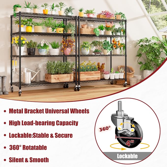 PrimeZone 5 Packs 55.5" W x 24" D x 80" H Heavy Duty Wire Storage Shelves with Wheels, 4 Tier Adjustable NSF Commercial Garage Shelving Unit, Rolling Metal Organizer Shelf Rack for Warehouse, Pantry