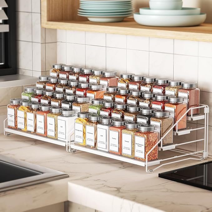 BOIVSHI Spice Organization for Cabinet, Spice Rack Organizer, Spice Rack Organizer for Cabinet, Depth Adjustable Seasoning Organizer Organizer for Cabinet, Countertop, Pantry, Metal, White (2 Pack)