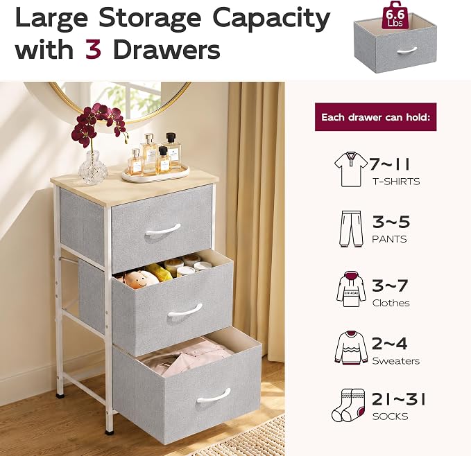 WLIVE Nightstand with 3 Drawers, Fabric Dresser, Organizer Unit, Storage Dresser for Bedroom, Hallway, Entryway, Closets, Sturdy Steel Frame, Wood Top, Easy Pull Handle, Light Grey