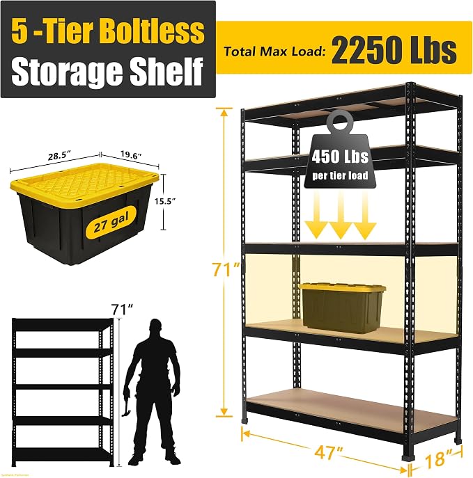 PrimeZone 6 Pack Heavy Duty Storage Shelves - 47"W x 18"D x 71"H 5 Tier Adjustable Garage Storage Shelving, Metal Utility Rack Organizer Shelf Unit for Warehouse Pantry Closet Kitchen Basement, Black