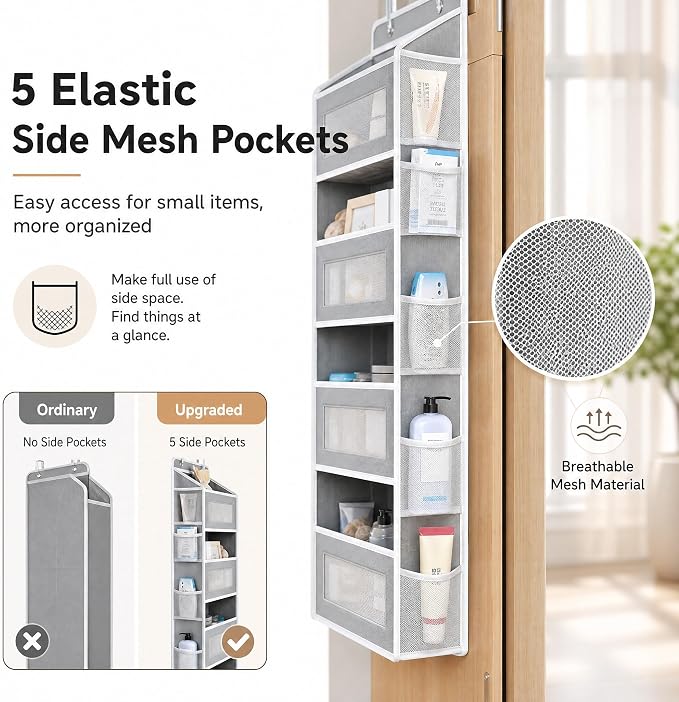 FUSHITON Over The Door Organizer with Anti-Tilt Design, 5 Shelf Hanging Grey Storage Rack Holds 44lb, Large Capacity Pockets for Bedroom Bathroom Pantry Nursery
