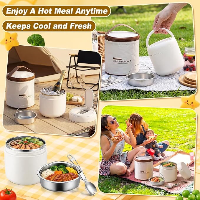 1 Pack 40 oz Insulated Food Jar with 2 Compartments, Stainless Steel Double Wall Vacuum Lunch Box Keep Hot & Cold, Leak-Proof Wide Mouth Soup Container with Spoon & Bag (White)