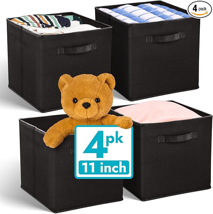 Reli. 11 Inch Cube Storage Bins (4 Pack) | Cube Organizer Bins | 11x11 Fabric Storage Boxes | Collapsible, Foldable Fabric Cubby Box (Square) | Kids Room Organization (Black)