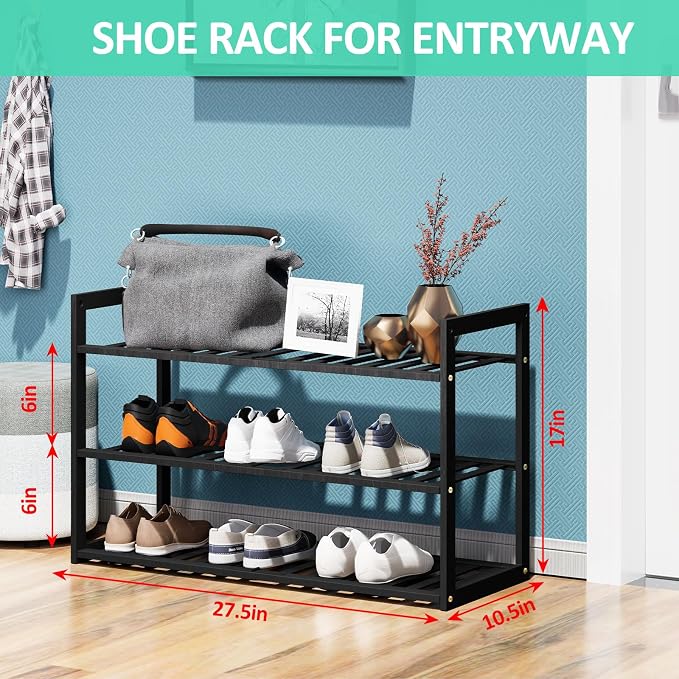 Jripae 3 Tier Bamboo Shoe Rack for Entryway Closet Bedroom Garage-27.5inch | 3 Tier Stackable Shoe Shelf Holder for Men/Women Hallway/Garage, Bookshelf, Flower Rack, Home Space Saving