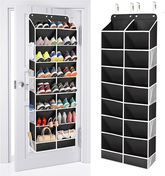 ULG Over The Door Shoe Organizer with 16 Large Pockets, Hanging Shoe Rack for Closet Door, Space Saving Shoe Storage Black