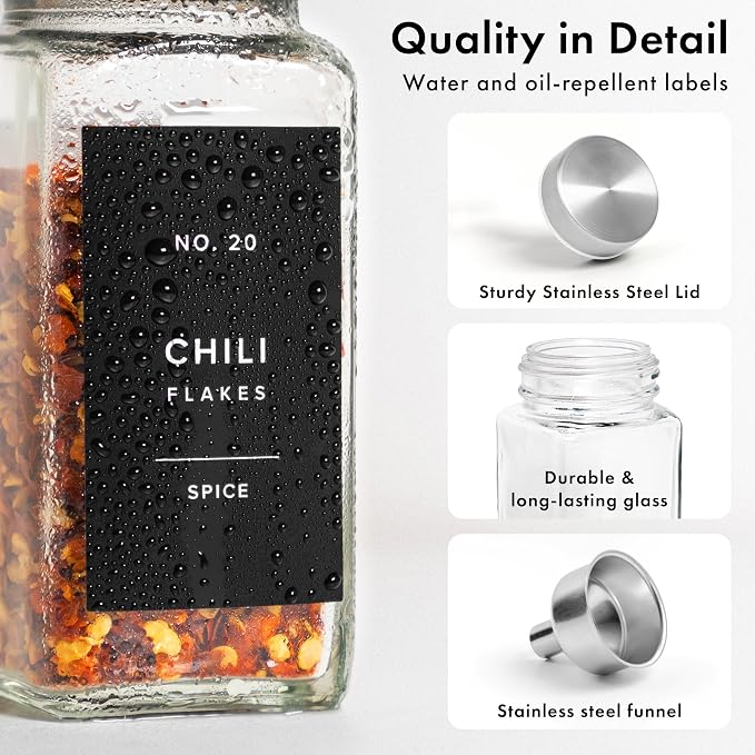 EDELHAUS Glass Spice Jars with Label, 24x Stainless Steel Lids | Airtight Lids keep spices fresh, Kitchen Spice Drawer Organizer, 4oz Seasoning Containers incl. Funnel, Brush & 240 Labels